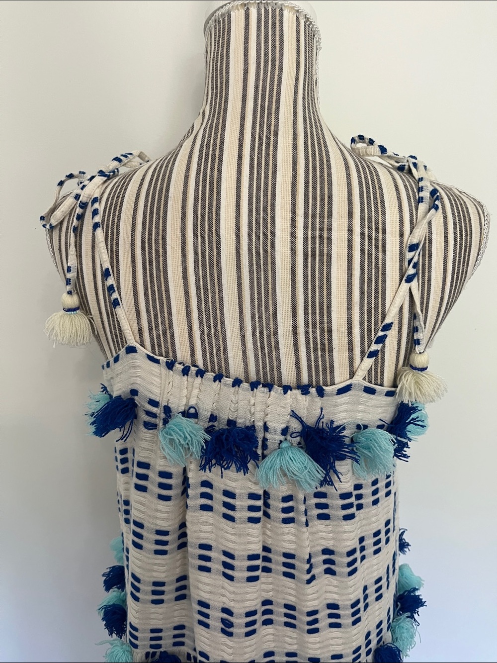 Women's White Maxi Dress with Blue Check and Pom-Pom Trim - Picture 5 of 11